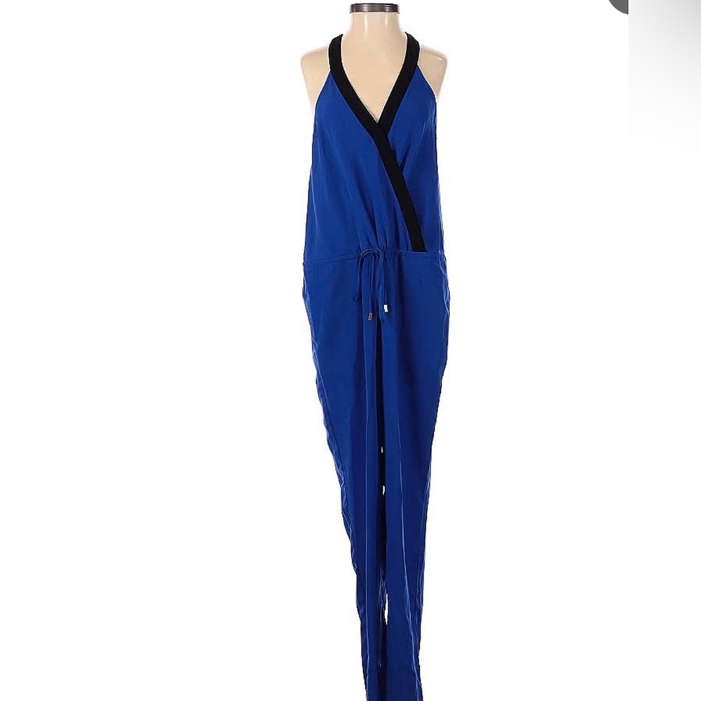 Bar III blue jumpsuit with pockets, drawstring waist, snap closure at cleavage